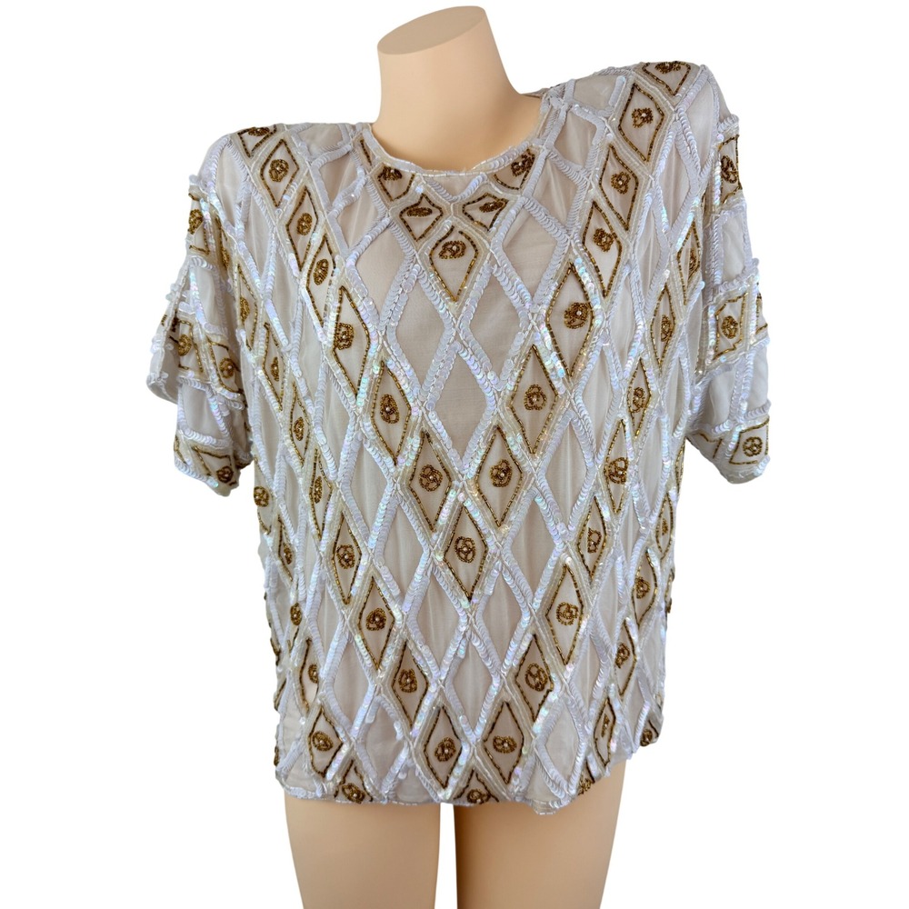 Vintage Silk Beaded Sequin Top White Gold Mermaidcore Pearl Beaded - Picture 1 of 9